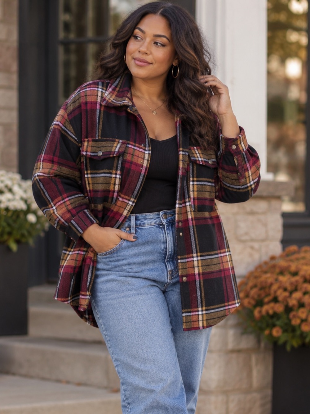 DEX Oversized Plaid Shacket Burgundy Black Camel Button Front Jacket